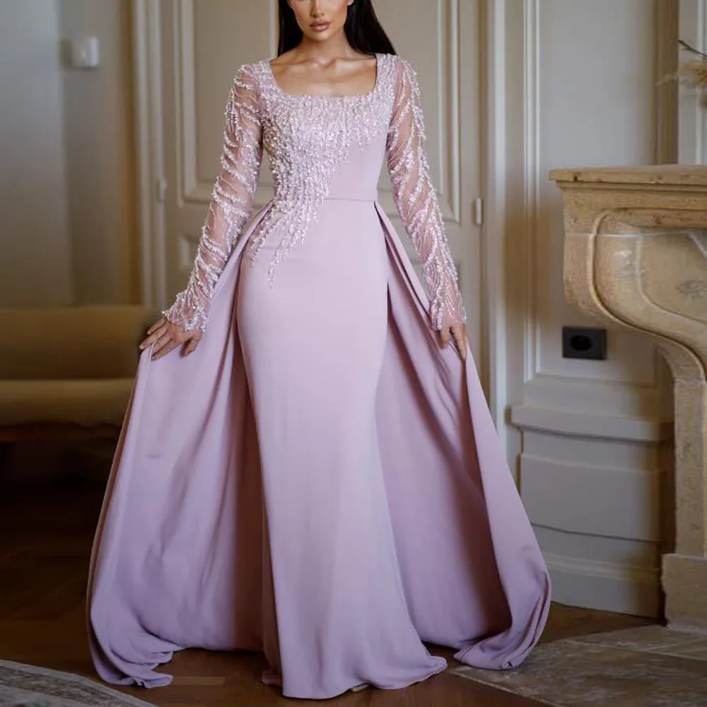 Maßgeschneiderte Moest Abendkleider mit quadratischem Ausschnitt und perlenbesetztem, langärmligem Meerjungfrau-Abendkleid mit abnehmbarer Schleppe aus Satin Image