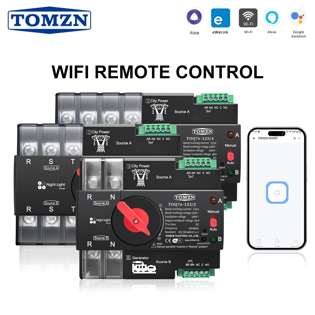 TOMZN WIFI Smart ATS 2P 3P 4P 230V AC Dual Power Automatische Transfer Schalter Unterbrechungsfreie Fernbedienung 63A 100A 125A eWelink Image