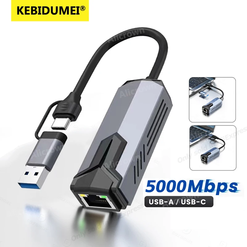 Adattatore Gigabit per scheda di rete USB cablata da 5 Gbps Hub convertitore Ethernet LAN da USB/tipo C a RJ45 per laptop Win11 Supporta 5G/2.5G/1G