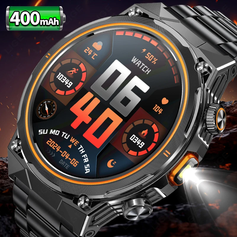 LIGE Stahl 1,46 Zoll Bluetooth Anruf Smart Watch Männer Herzfrequenz Wasserdichte Outdoor Sport Uhren mit Taschenlampe Smartwatch 2025 Image