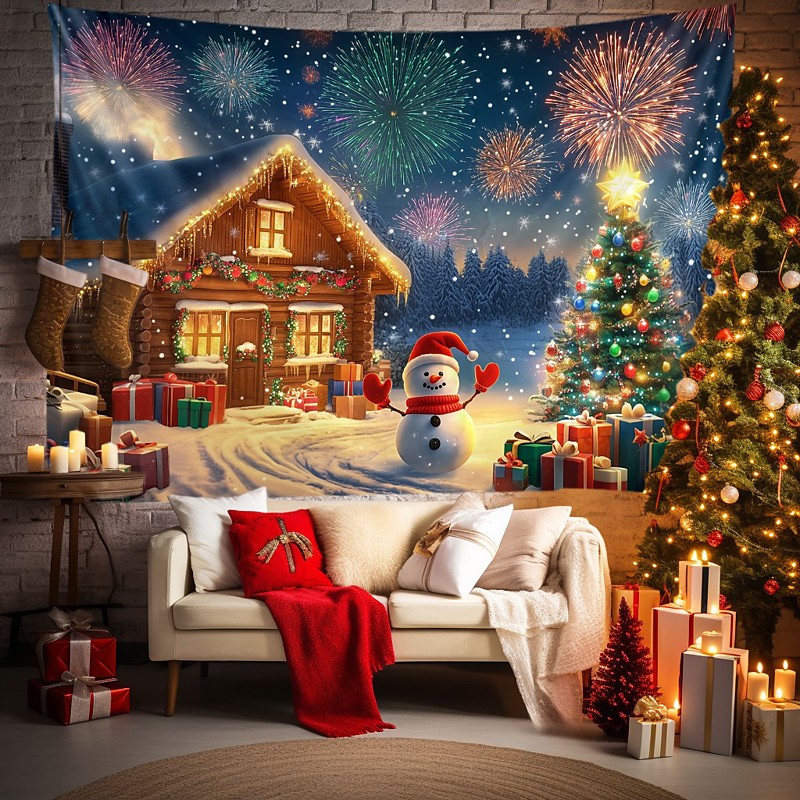 Chrismas Hanging Tapestry Gingerbread House Snowy Scene Christmas Tree Snowman Large Wall Art Mural Decor Blanket Curtain Holiday Home Bedroom Living Room Festive Party Decoration