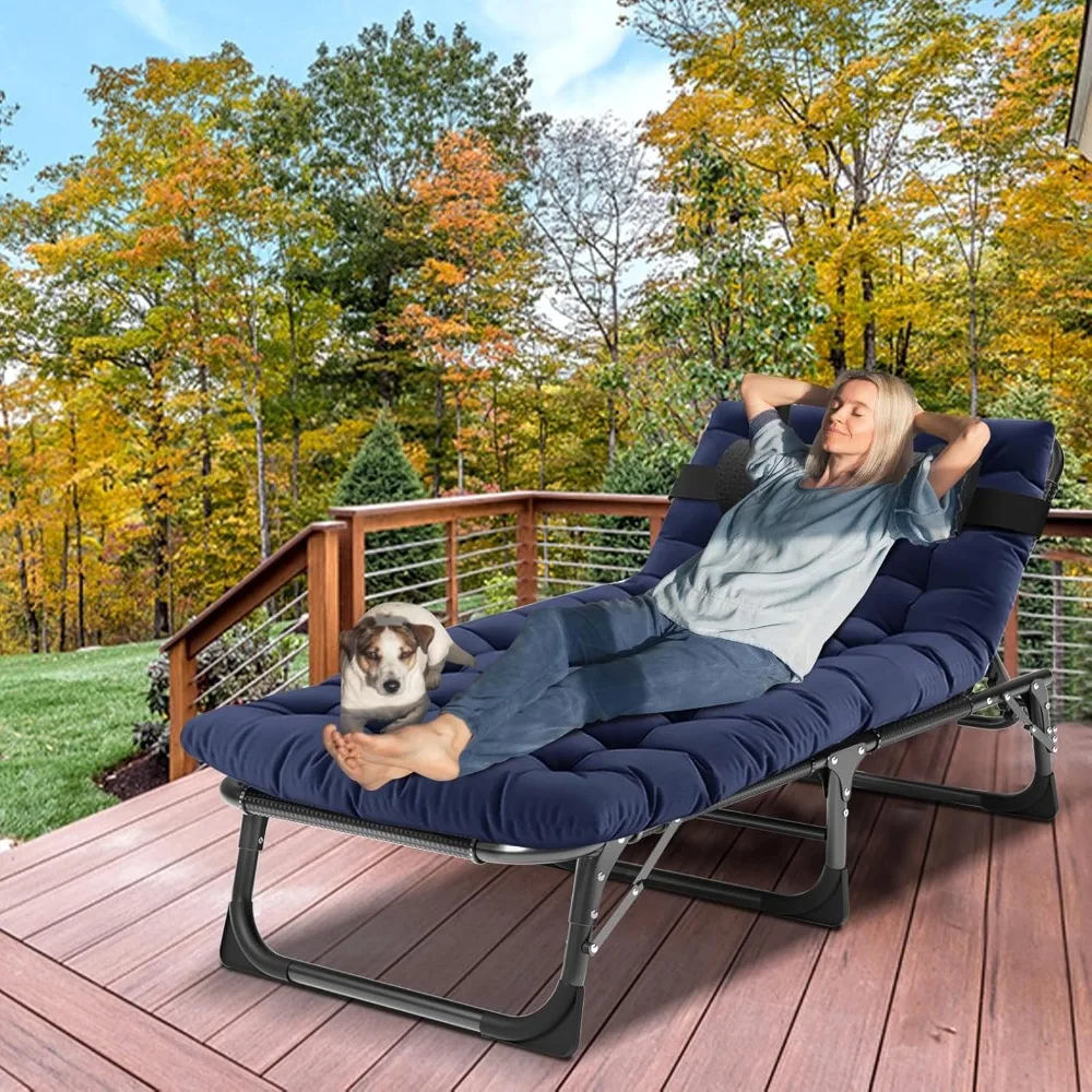 Portable Folding Camping Cot, Adjustable 4-Position Adults Reclining Chaise with Pillow, Outdoor Lounge Chair Sleeping Cots Bed