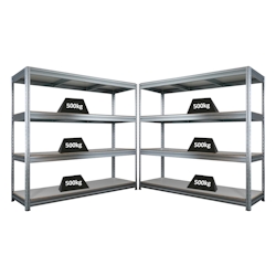 Proregal Mega Deal | 2x Schwerlastregal DINO | HxBxT 180x200x60cm | 4 Melamin-Ebenen 16mm | Fachlast 500kg | Verzinkt Image