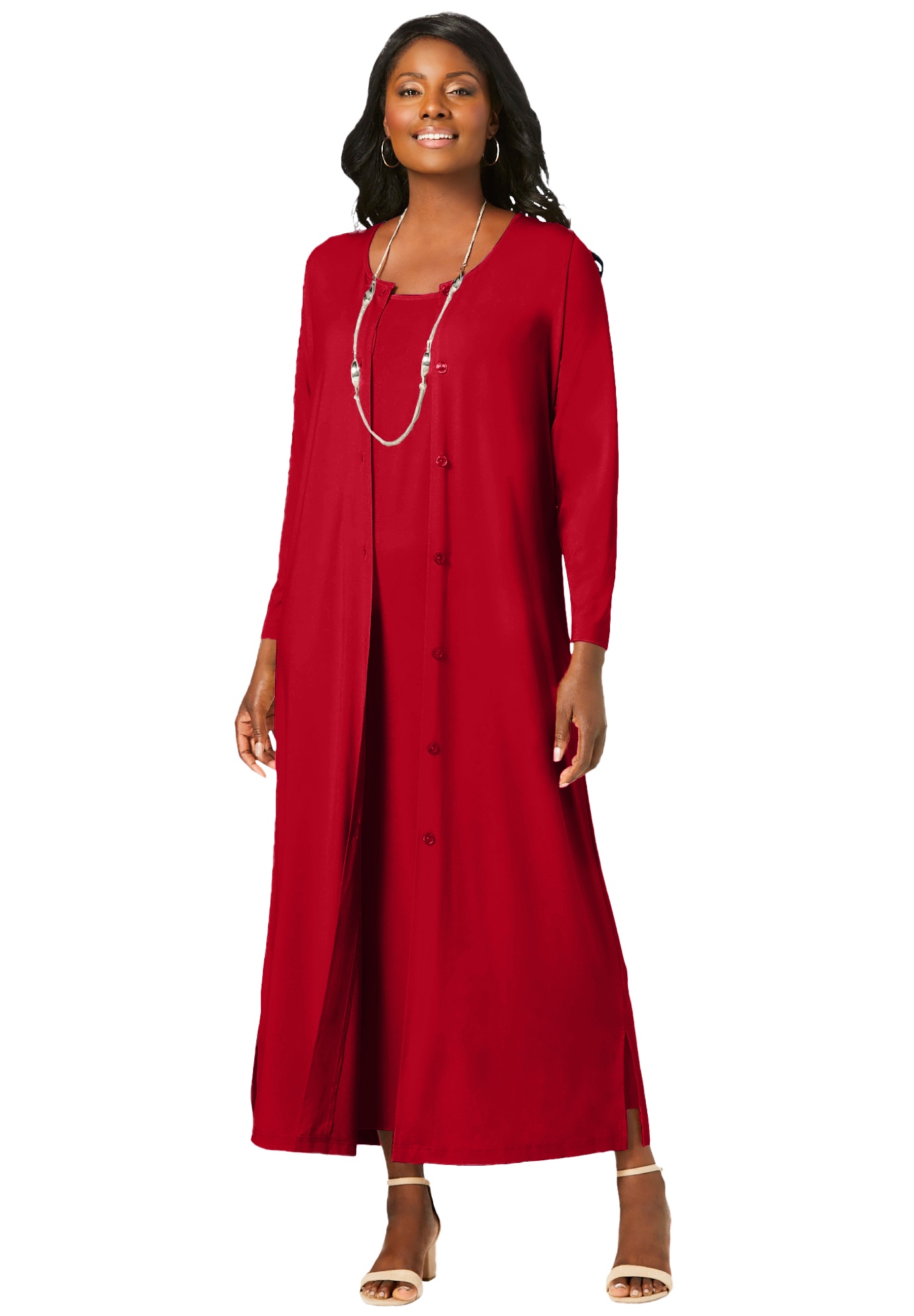 Plus Size Women's 2-Piece Stretch Knit Duster Set by The London Collection in Classic Red (Size 18/20)