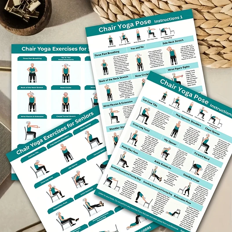 4Pcs Chair Yoga Workout Fitness Chart,For Beginners&Seniors,Yoga Practice Guide,Flexibility Training,Challenge Workout,Chair Yoga Fitness Chart