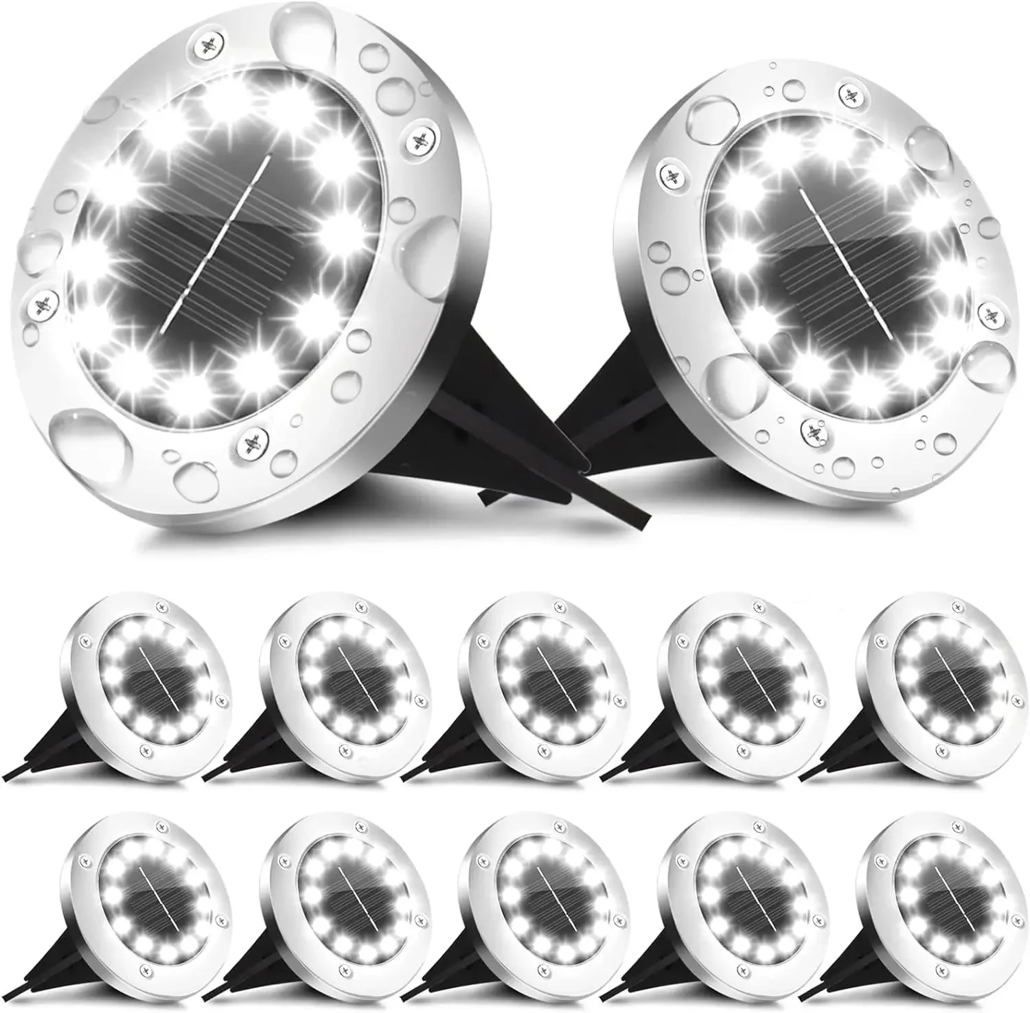 Solar-Bodenleuchten für den Außenbereich, 12 LED-Solar-Gartenleuchten, wasserdicht, Solar-Scheibenleuchten für Hof, Weg, Rasen, Terrasse