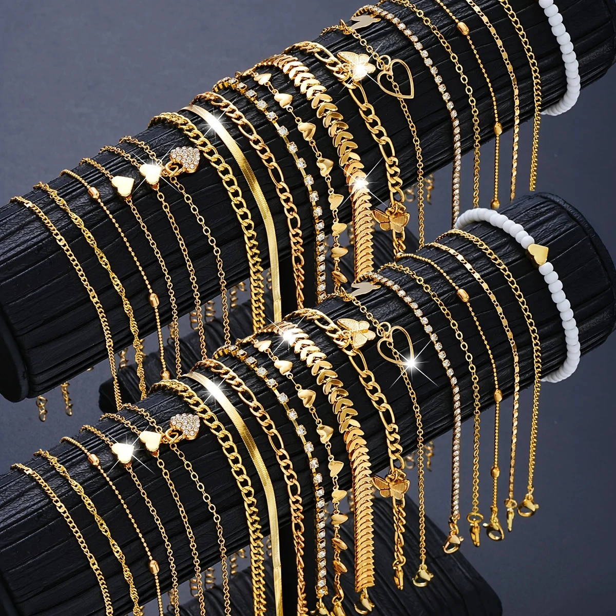 40-teiliges Set/20-teiliges Set/7-teiliges Set Elegant Täglicher Urlaub Metallmaterial Damen Gold Fußkettchen Set Herz Schmetterling Anhänger Urlaub am Meer Alltag Party Wear Modeschmuck Beliebte