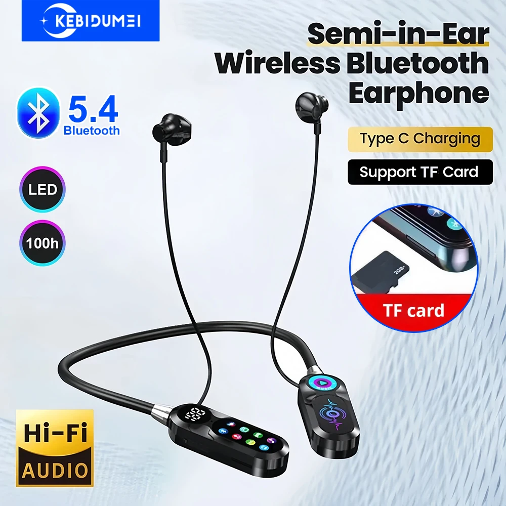 Schermo HD Cuffie Bluetooth 5.4 Auricolari con archetto da collo Cuffie wireless TWS Auricolari stereo HiFi impermeabili Supporto TF Card