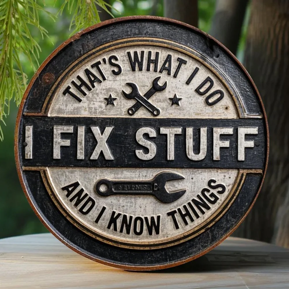 1 Stück 2D flaches, rustikales Vintage-Schild „I Fix Stuff, I Know Things“, rundes Eisenschild – Mechaniker-/Handwerker-Garagen-Dekor Image