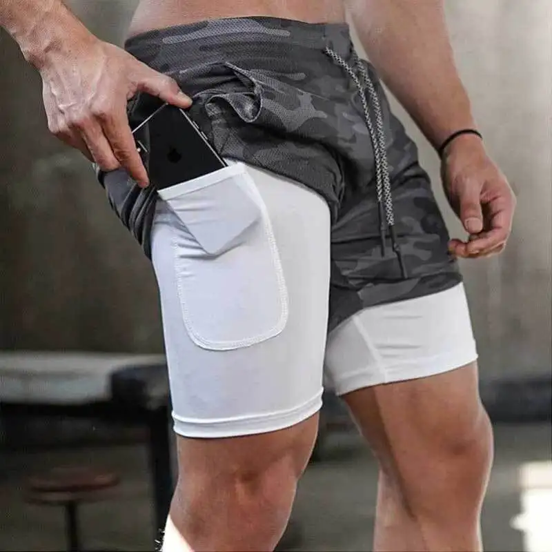 Pantaloncini sportivi 2 in 1 per pantaloncini fitness a doppio strato da uomo Fitness palestra allenamento allenamento ad asciugatura rapida jogging doppio ponte estivo