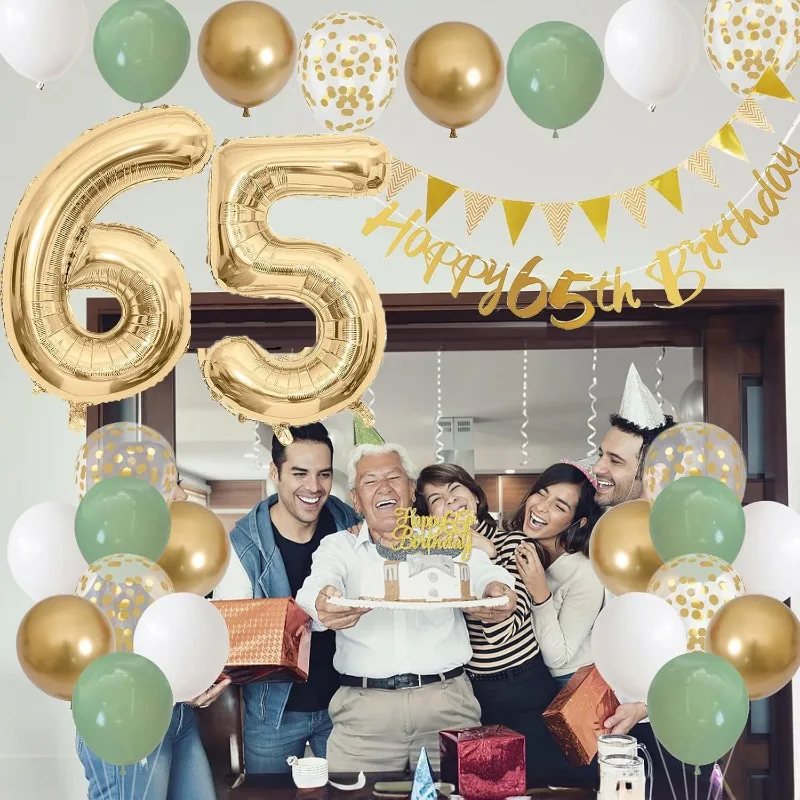 Salbeigrün, Gold, Weiß, 65. Geburtstag, Partydekoration, Geburtstagsballons, alles Gute zum 65. Geburtstag, Banner, Tortenaufsatz, 65-jähriges Dekor Image