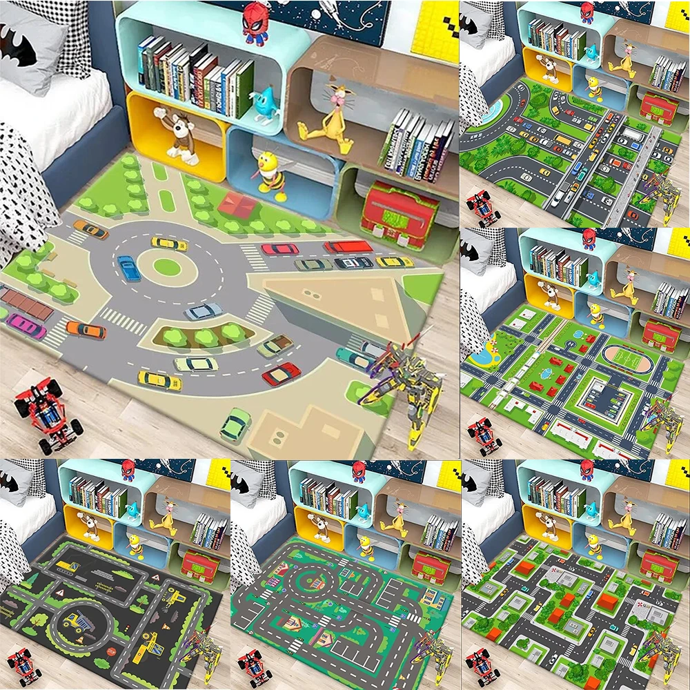 Fun City Road Design Teppich, rutschfeste, weiche Matte für Kinderspielzimmer, Schlafzimmer, Wohnzimmerdekoration, ideal zum Spielen von Autospielzeugen Image