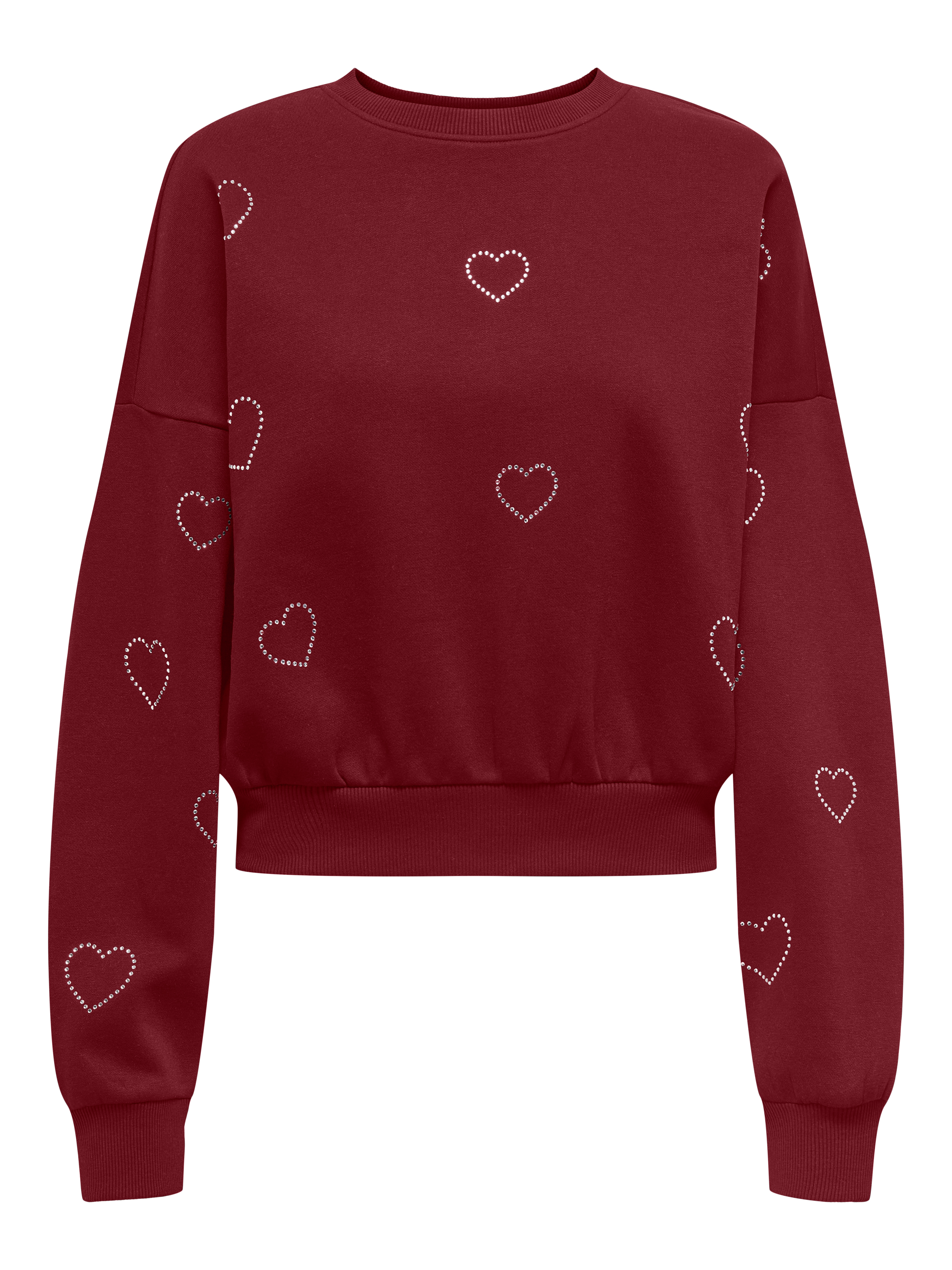 Sweatshirt ONLY "ONLBERIT L/S O-NECK SWT", Damen, Gr. XS, cabernet detail:heart silber rhinestone, Sweatware, Obermaterial: 60% Baumwolle, 40% Polyester, bedruckt, regular fit hüftlang, Rundhals, Rippbündchen, Sweatshirts Sweatshirt