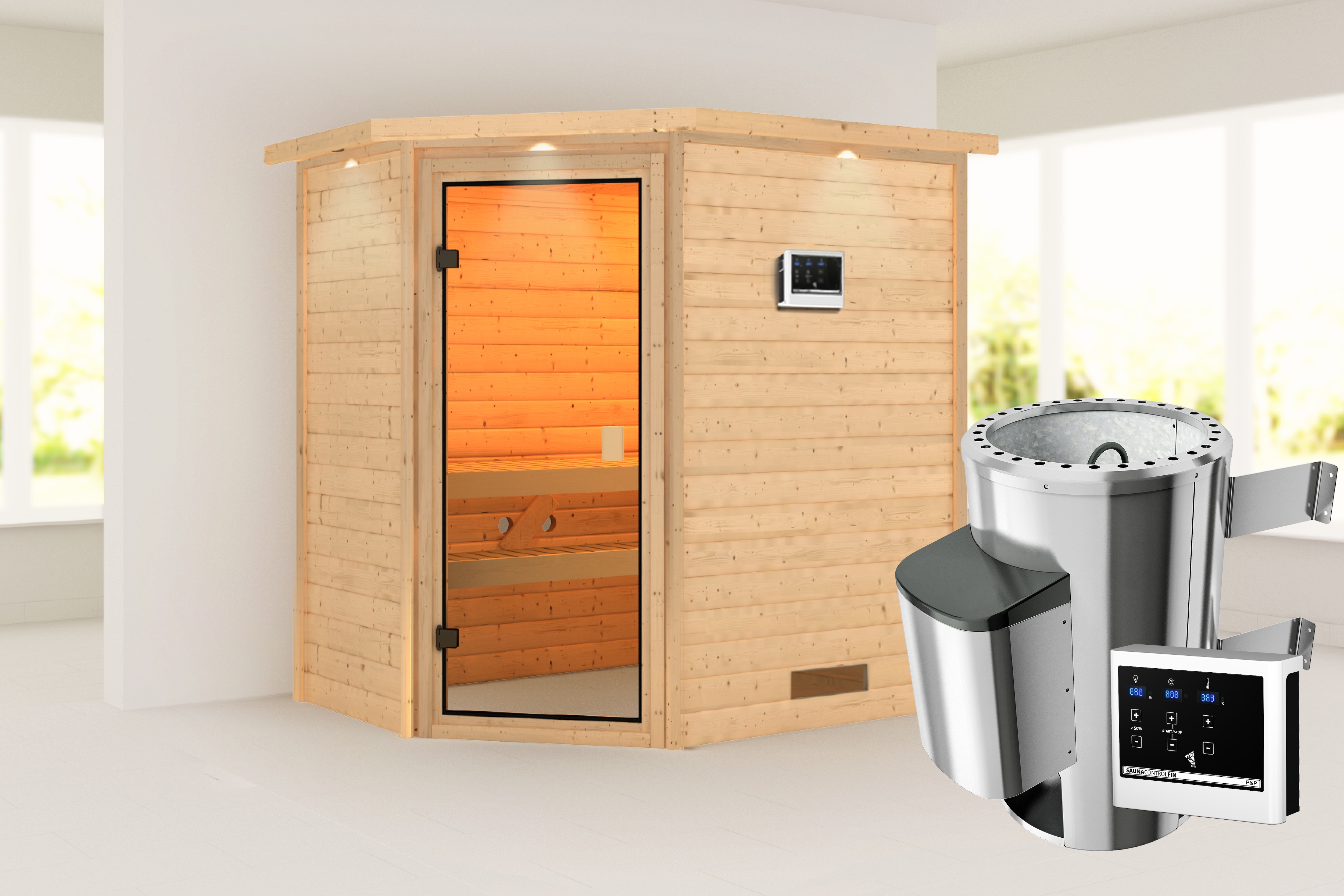Sauna KARIBU "Juli" mit bronzierter Tür und Kranz, naturbelassen", naturbelassen, Saunaofen, externe Steuerung, 230 kW, Saunen, aus hochwertiger nordischer Fichte Image