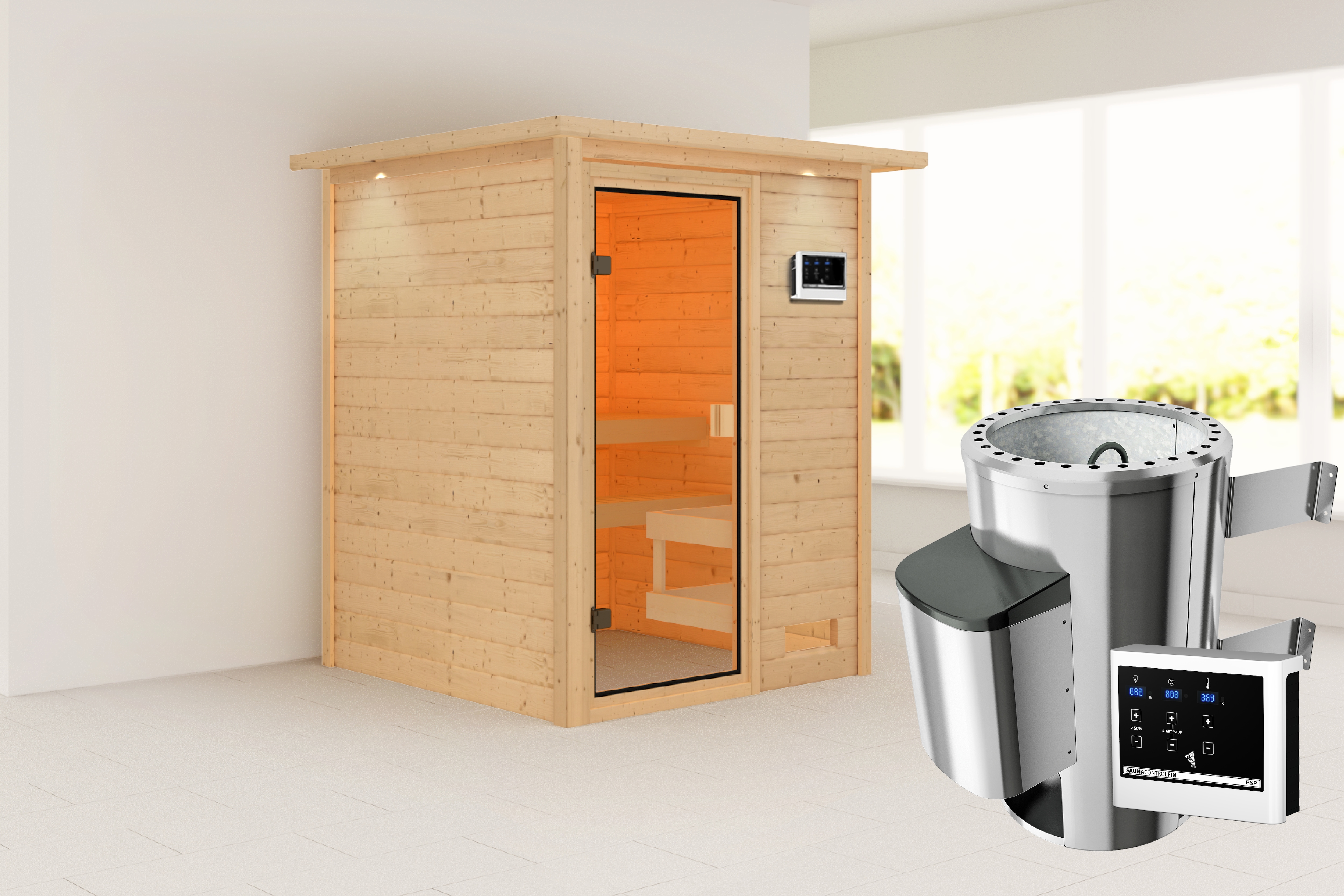 Sauna KARIBU "Sandy" mit bronzierter Tür und Kranz, naturbelassen", naturbelassen, Saunaofen, externe Steuerung, 230 kW, Saunen, aus hochwertiger nordischer Fichte Image