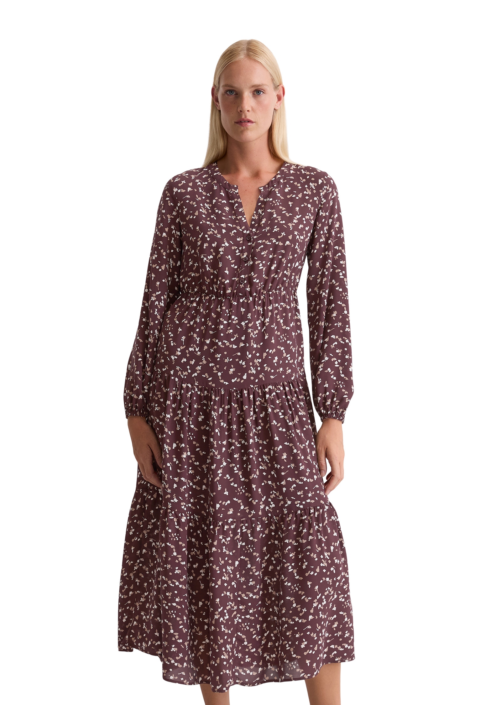 Druckkleid MARC O'POLO "aus Cupro-Viskose-Mix", Damen, Gr. 38, Normalgrößen, bunt (multi), Obermaterial: 50% Cupro, 50% Viskose; Futter: 100% Viskose, bedruckt, relaxed fit wadenlang, Rundhals, Manschette, Kleider Image