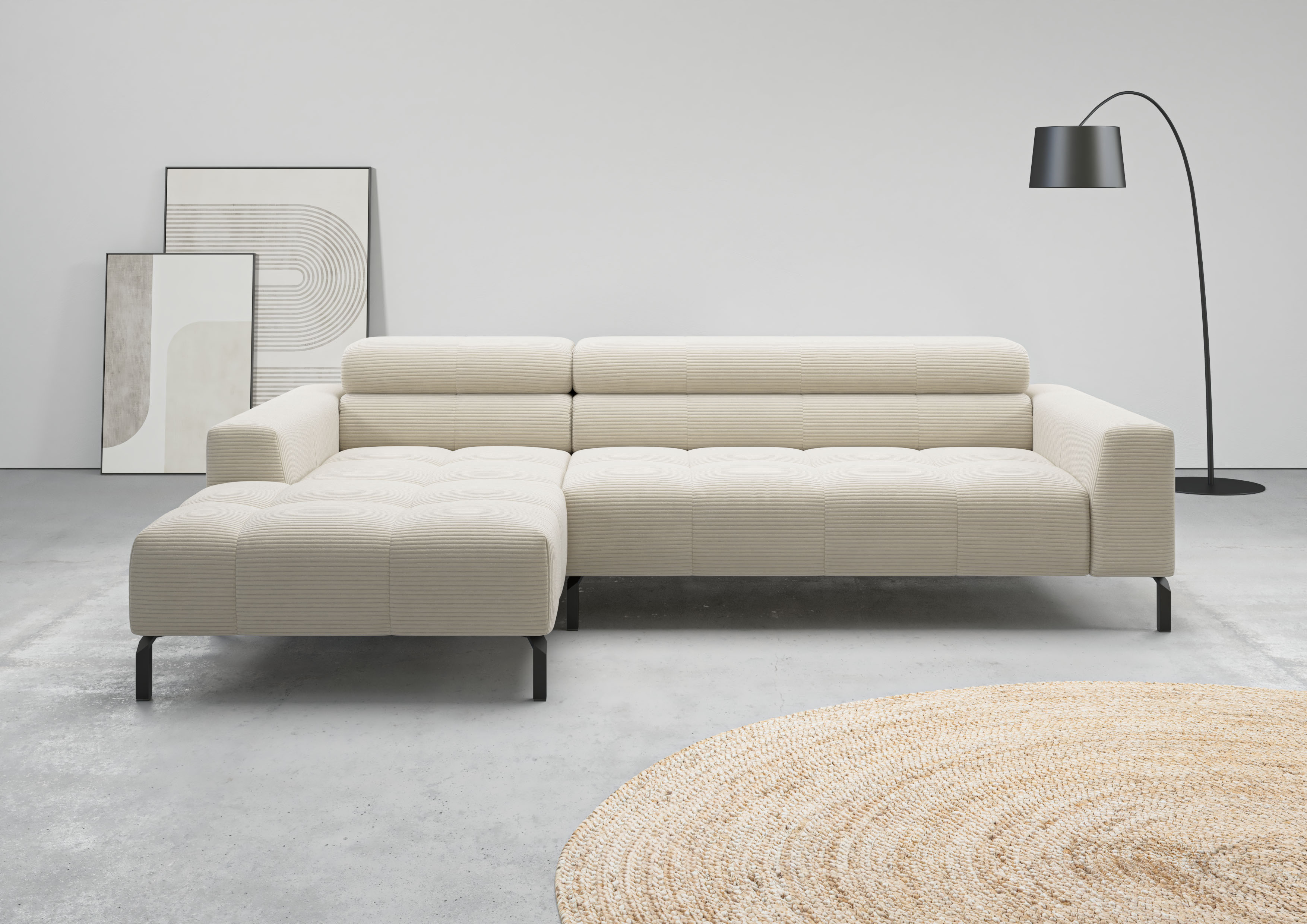 Ecksofa HOME AFFAIRE "Ecksofa Claya, L-Form, Kopfteilverstellung, Breite 258 cm", nature, B:258cm H:71cm T:179cm, 88% Polyester, 12% Polyacryl, Sofas, Moderne Steppung, weicher Polsteraufbau & saugroboterfreundliche Höhe Image
