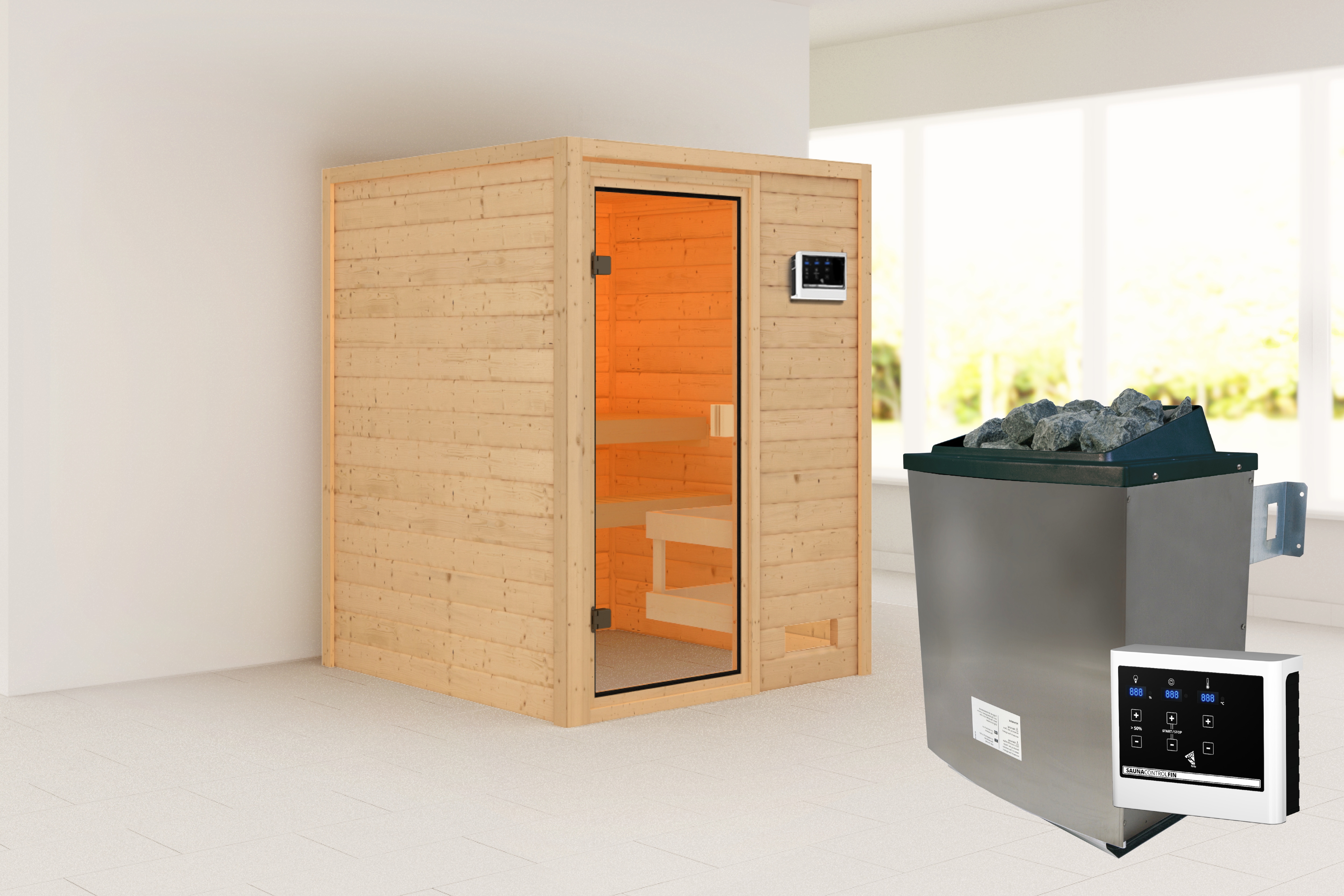 Sauna KARIBU "Sandy" mit bronzierter Tür SET, naturbelassen, mit Ofen 9 kW", beige (naturbelassen), Saunaofen, externe Steuerung, 400 kW, Saunen, aus hochwertiger nordischer Fichte Image