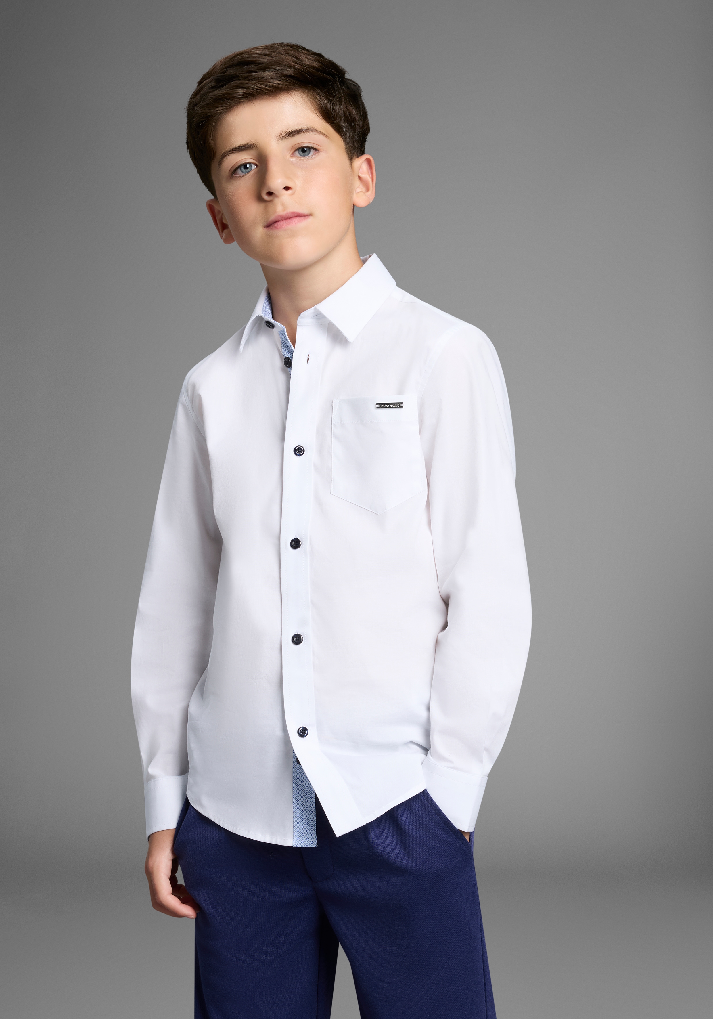 Langarmhemd BRUNO BANANI "Oberhemd für Jungen", Kinder, Gr. 182, N-Gr, weiß, Web, Obermaterial: 97% Baumwolle, 3% Elasthan, unifarben mit Farbeinsatz, Basic, mit Knopf 1-Knopf-Manschette mit Schlitz, Hemden, Für TEENS. Elegantes Hemd