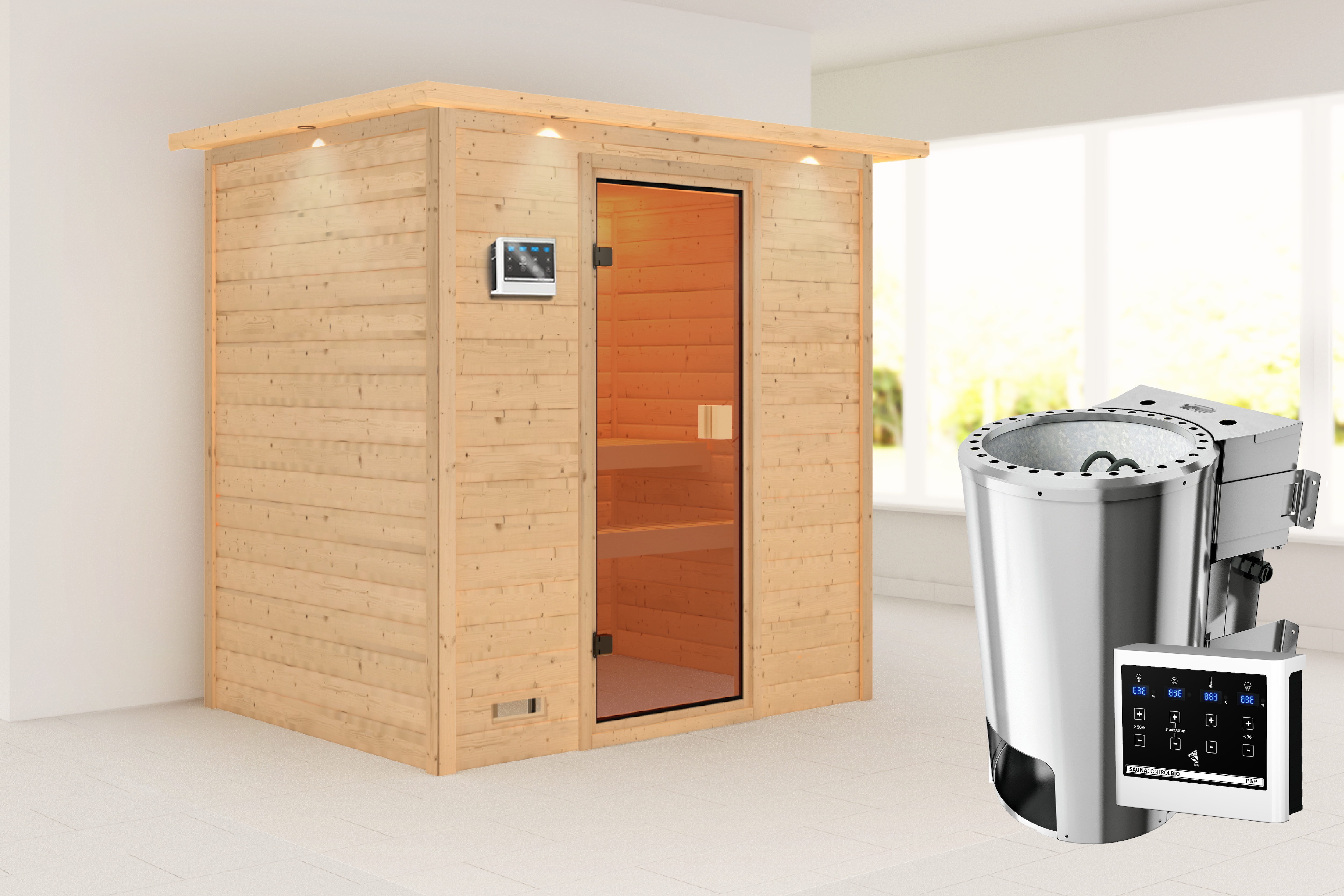 Sauna KARIBU "Sunie" mit bronzierter Tür und Kranz, naturbelassen", naturbelassen, Bio-Kombiofen, externe Steuerung, 230 kW, Saunen, aus hochwertiger nordischer Fichte Image