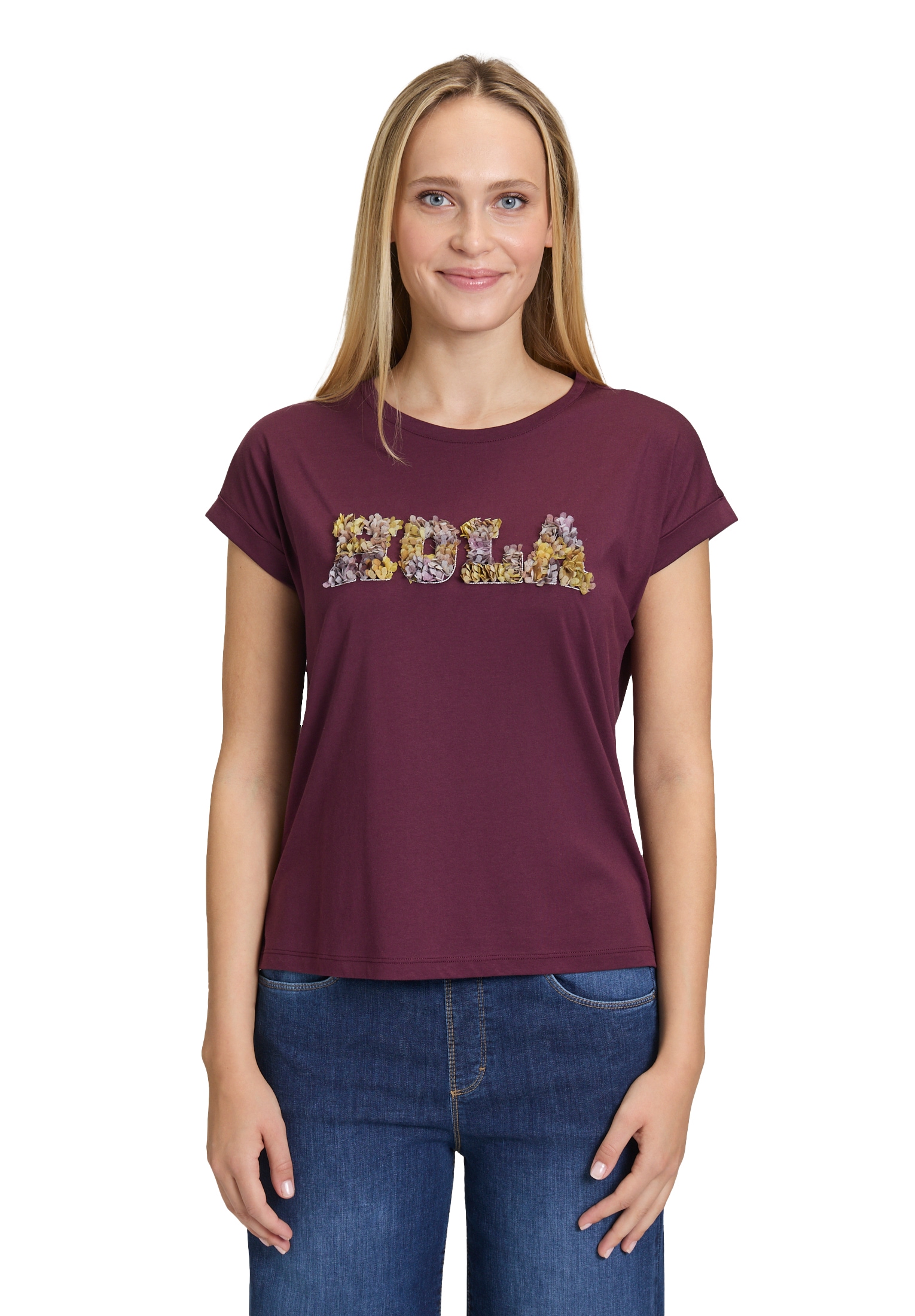 Kurzarmshirt CARTOON "Damen mit Ärmelaufschlag", Damen, Gr. 34, lila (patch lila, grau), Obermaterial: 50% Baumwolle, 50% Modal, loose fit normal, Rundhals, Shirts