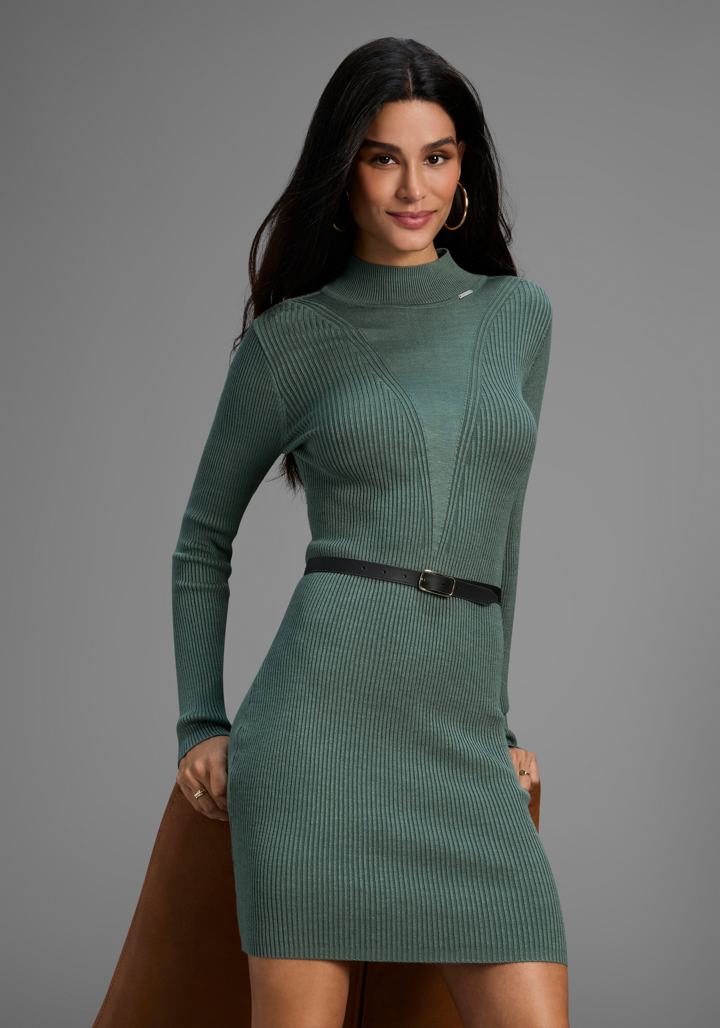 Strickkleid BRUNO BANANI, Damen, Gr. 34, N-Gr, graugrün, Obermaterial: 70% Viskose, 30% Polyamid, Mesh, unifarben, Kleider, mit sexy Mesh-Einsatz Image