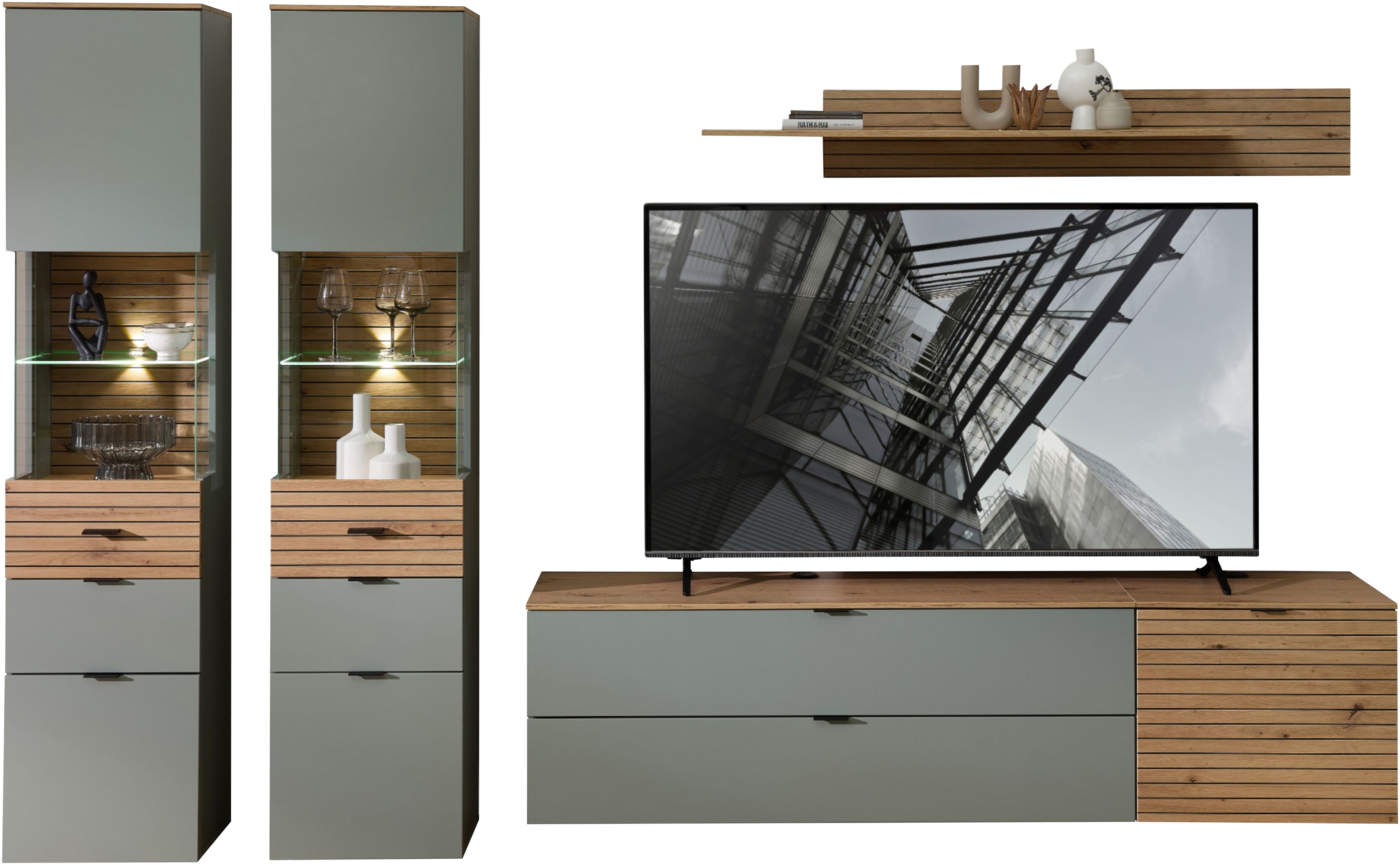 Wohnwand INNOSTYLE "Ina Wohnwand, 320x200x40 cm (B/H/T)", schilfgrün, artisan eiche, ABS-Kunststoff, Glas, Holzwerkstoff, MDF, Metall, Kastenmöbel-Sets