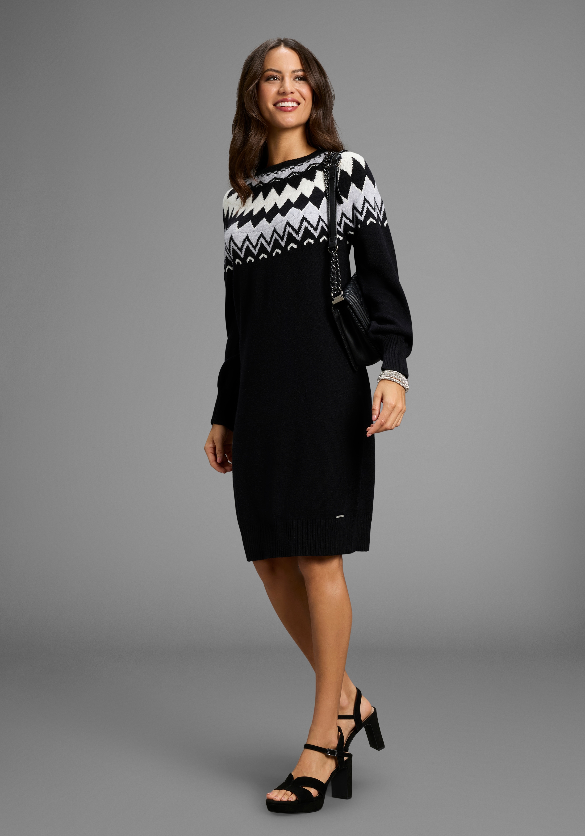 Strickkleid LAURA SCOTT, Damen, Gr. 42, N-Gr, schwarz, grau, Strick, Obermaterial: 50% Viskose, 28% Polyester, 22% Polyamid, Jacquardmuster, gemustert, mehrfarbig, figurumspielend mini, Rundhals, Raglanärmel, Kleider, mit kuscheligem Norwegermuster... Image