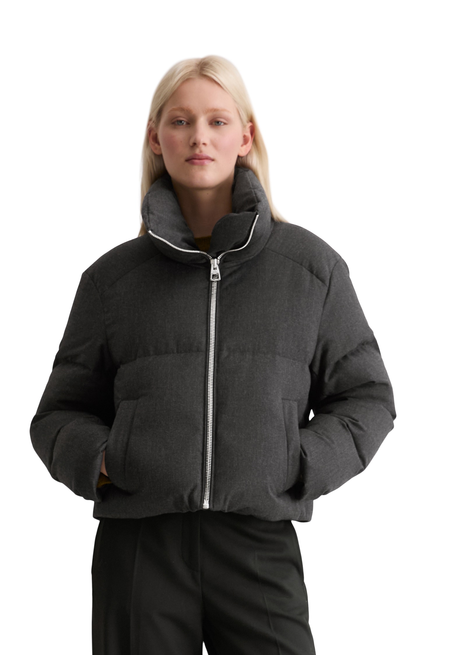 Outdoorjacke MARC O'POLO "aus softem Flanell", Damen, Gr. 42, grau (dunkelgrau melange), Obermaterial: 62% Polyester, 20% Viskose, 15% Schurwolle, 3% Elasthan; Füllung: 70% Daune, 30% Feder; Futter: 100% Polyamid, unifarben, relaxed fit, normaler...