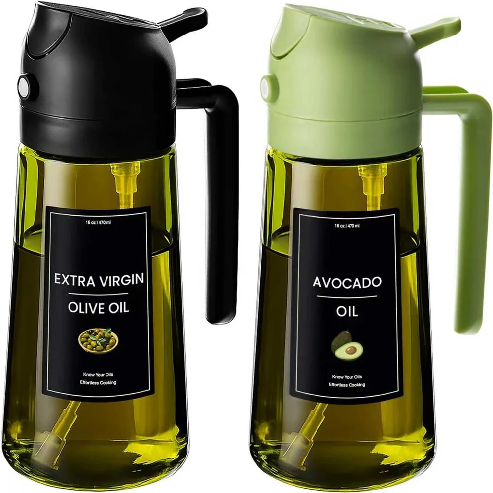 Dispenser di olio d'oliva, spruzzatore per cucinare Spray e versamento 2 in 1, bottiglia di olio di vetro verde scuro con adesivi, spruzzatore di olio da 16 once/470 ml