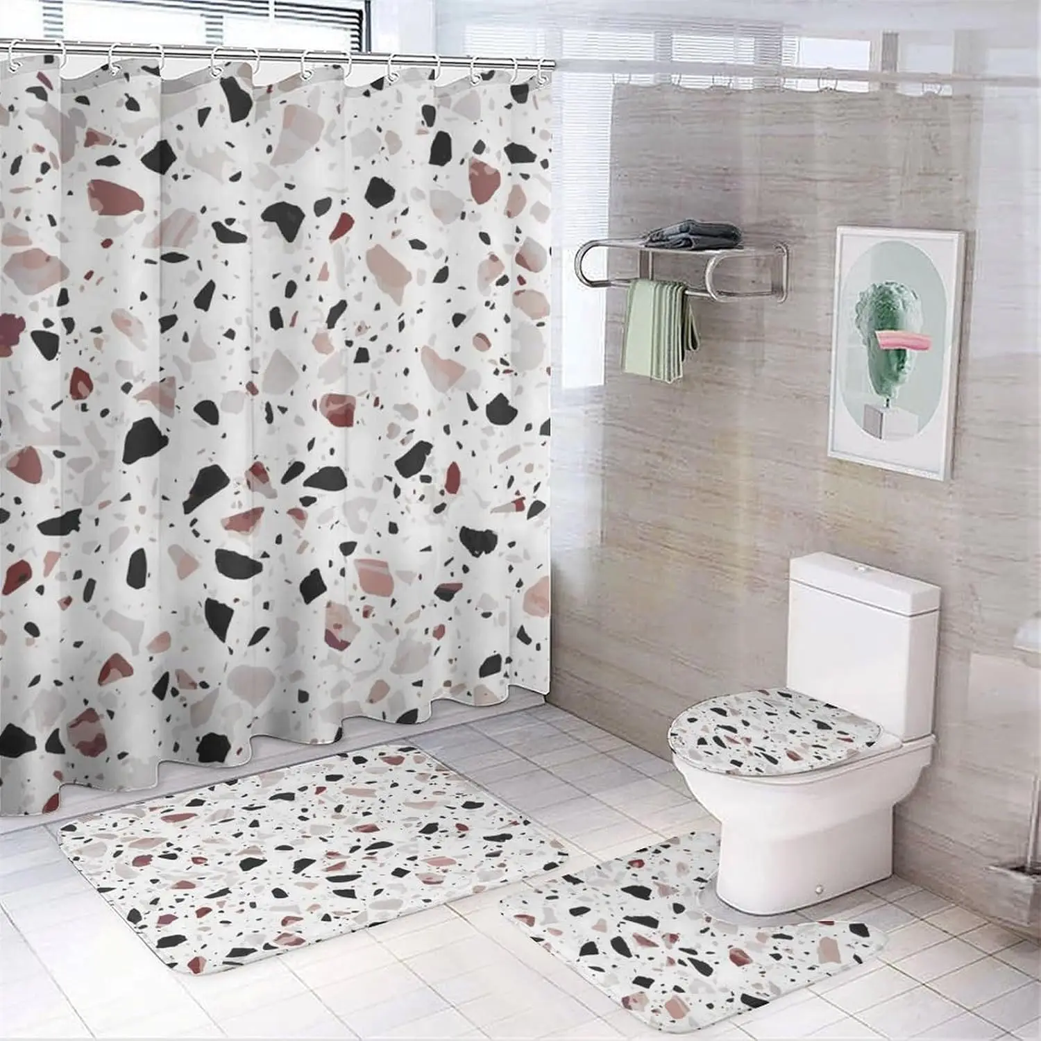 Ensemble de salle de bain, ensemble de salle de bain imprimé Terrazzo rouge, ensemble de salle de bain ensemble de 4 pièces, ensemble de salle de bain avec rideau de douche et tapis