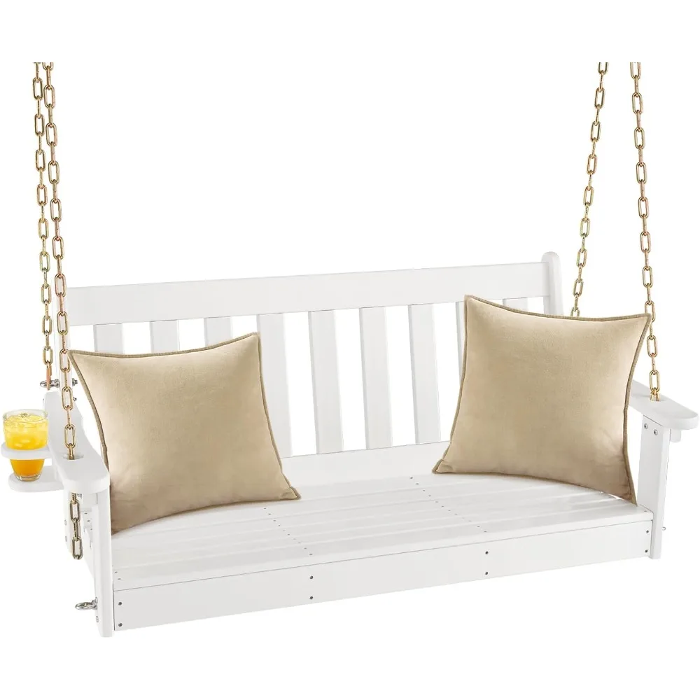 2 Person Hanging Porch Swing, Outdoor Bench Swing with Adjustable Chains, Hidden Cup Holder, HDPE Tree Swing Chair for Patio Ba
