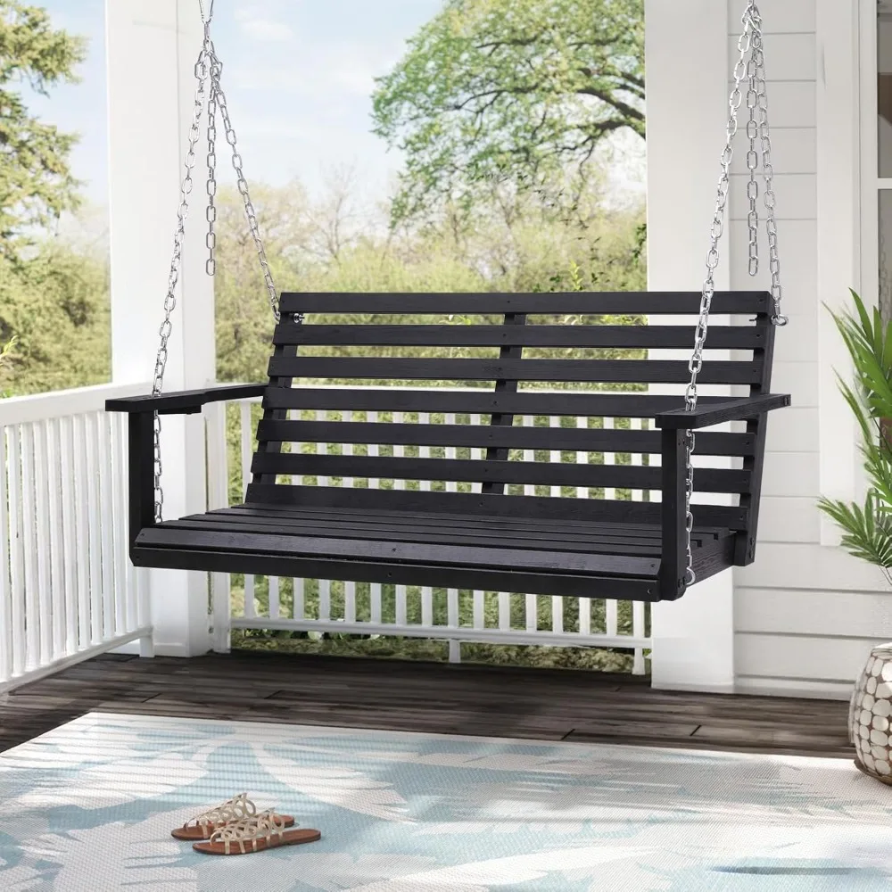 Wooden Porch Swing with Cup Holder, Outdoor Patio Swing Bench for Courtyard & Garden, Upgraded 4 FT Heavy Duty 880 LBS Porch Swi