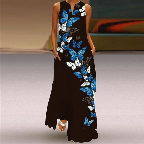 Damen Langes Kleid Maxikleid Blumenkleid Druckkleid Mode Modern Outdoor Urlaub Ausgehen Normale Passform Blumen Ärmellos V Ausschnitt Blau Schwarz Weiß Gelb Frühling Herbst Image
