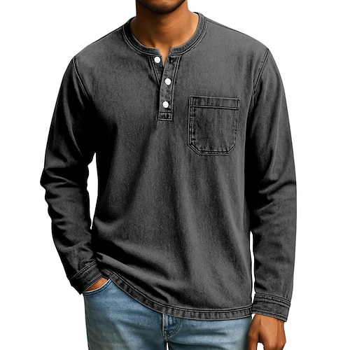 Herren Henley Hemd T-Shirt Langarm Vintage Einheitliche Farbe Retro Vintage Lässig Vintage-Stil Henley Lässig Frühling Herbst Ganzjahres Schwarz Rosa Grau Henley T-Shirt Image