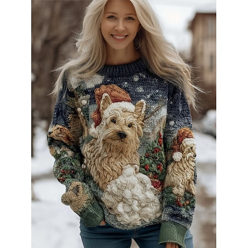 Damen Pullover Mode Lässig Grafik Tiermotiv Rundhalsausschnitt Gestrickt Langarm Normale Oberteile Stricken Arbeit Täglich Weiß Blau Herbst Winter