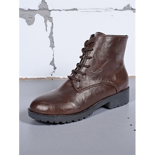 Braune Combat-Stiefeletten zum Schnüren für Damen, Freizeitschuhe aus Kunstleder für die Arbeit, zum Spazierengehen im Alltag und für Herbstoutfits Image