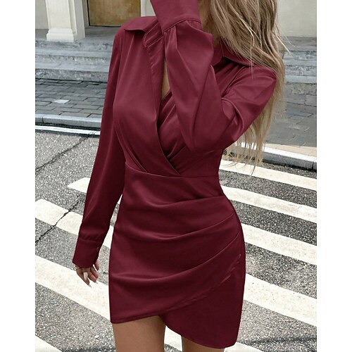 Damen Minikleid Satinkleid schwarzes kleid Partykleid Cocktailkleid Mode Modern Abendgesellschaft Party Cocktailparty Normale Passform Einfach Langarm Hemdkragen Schwarz Wein Khaki Dunkelblau Herbst Image