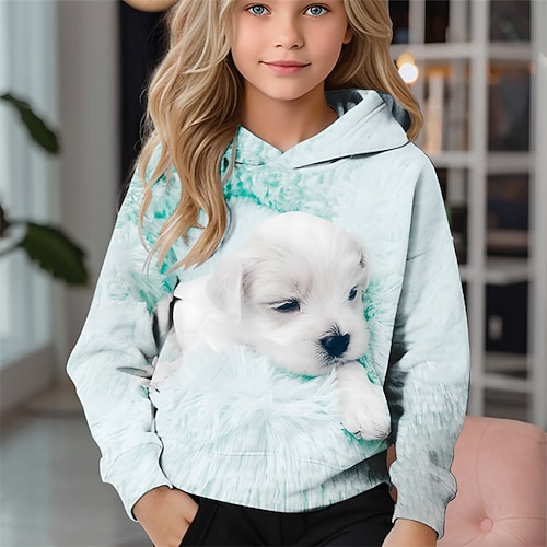 Mädchen 3D Hund Kapuzensweatshirt Langarm Herbst Winter Mode Niedlich Basic Kinder 4-12 Jahre Mit Kapuze Outdoor Lässig Täglich Normale Passform Image