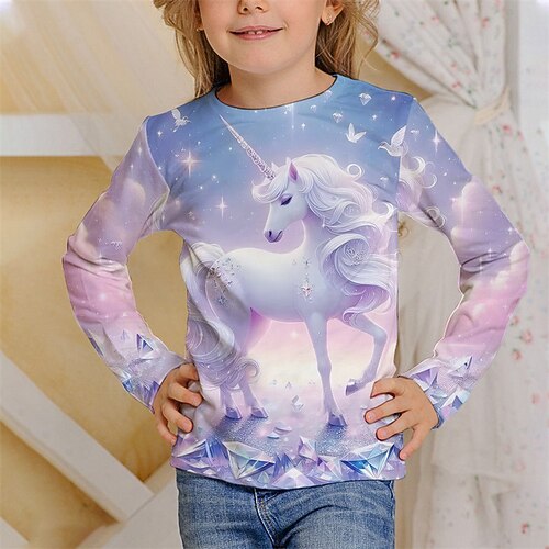 Mädchen 3D Einhorn T-Shirt Langarm Frühling Herbst Mode Basic Kinder 4-12 Jahre Rundhalsausschnitt Outdoor Lässig Täglich Normale Passform Image