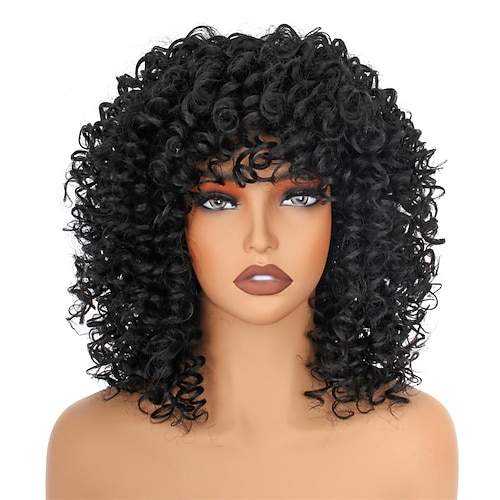 14 Zoll schwarze/braune Lockenperücken für Frauen, kurze, verworrene Afro-Lockenperücken mit Pony, natürlich weich, federnd, flauschig, hitzebeständig, Kunsthaarperücke im Stil der 70er Jahre für den Image