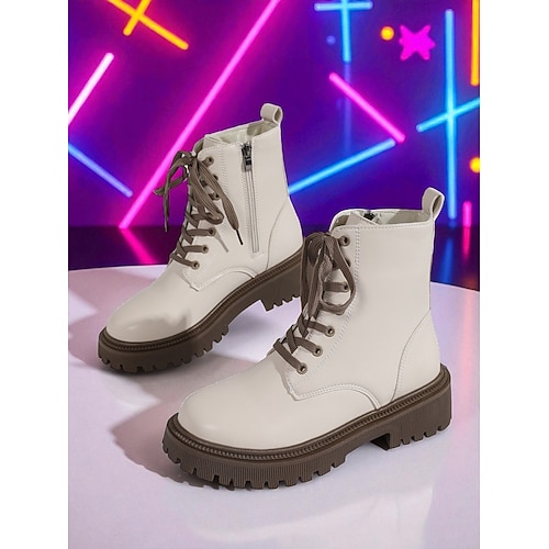 Weiße Damen-Schnürstiefeletten aus Kunstleder mit seitlichem Reißverschluss und dicker Sohle – stylische Kampfstiefel für K-Pop, Streetwear und Freizeitoutfits Image
