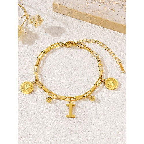Vergoldetes Alphabet-Buchstabenarmband für Damen mit Münz- und Kugelanhängern, verstellbare Kette, stilvolles Weihnachtsgeschenk für sie, personalisiertes Schmuckaccessoire Image