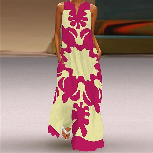 Damen Langes Kleid Maxikleid Blumenkleid Druckkleid Mode Modern Outdoor Ausgehen Wochenende Normale Passform Blumen Ärmellos Rundhalsausschnitt V Ausschnitt Gelb Dunkelgrün Dunkelblau Rosenrot Sommer Image