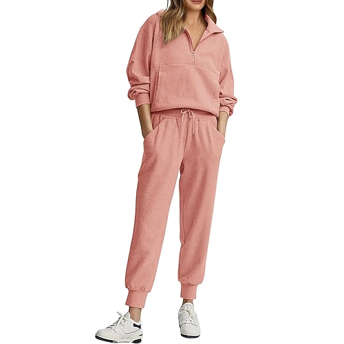 Damen Pullover-Trainingsanzug-Sets 2-teiliger Trainingsanzug Lounge-Outfits mit Tasche Einfarbig Kombination Herbst Schwarz Rosa Fitnessstudio Laufen Fitness Atmungsaktiv Langarm Sport Sportkleidung Image
