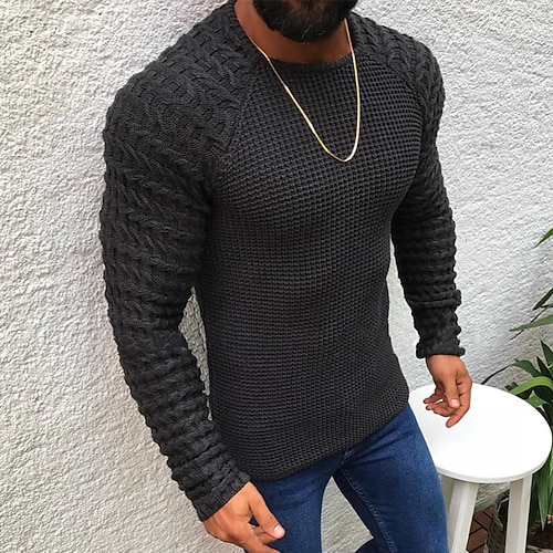 Herren Pullover Gerippt Zopfmuster Stricken Normale Oberteile Gestrickt Schmale Passform Einfach Rundhalsausschnitt Strickware Zeitgenössisch Lässig Alltagskleidung Bekleidung Herbst Schwarz S M L