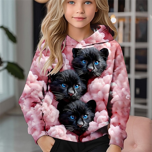 Mädchen 3D Katze Kapuzensweatshirt Langarm Herbst Winter Mode Niedlich Basic Kinder 4-12 Jahre Mit Kapuze Outdoor Lässig Täglich Normale Passform Image