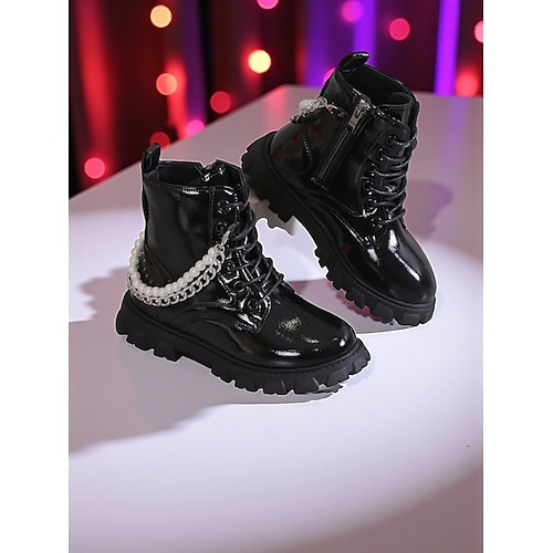 Von koreanischen Idols inspirierte Popstar-Kostümschuhe, Kampfstiefel für Mädchen mit dicker Sohle, Schnürdesign und Perlenkettendetail für modische Outfits und Freizeitkleidung Image
