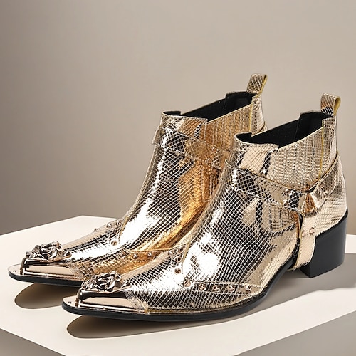 Hochwertige Chelsea-Stiefel aus Rindsleder mit goldener Krokodilprägung für Herren, modische Motorradstiefel für den Biker-Stil, Konzerte, das Nachtleben und besondere Anlässe Image