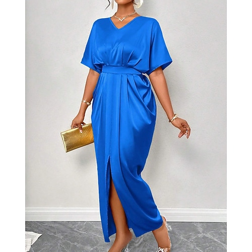 Damen Langes Kleid Maxikleid Satinkleid Partykleid Cocktailkleid Elegant Modern Abendgesellschaft Party Normale Passform Einfach Kurzarm V Ausschnitt Schwarz Gelb Königsblau Dunkelgrün Herbst Winter Image